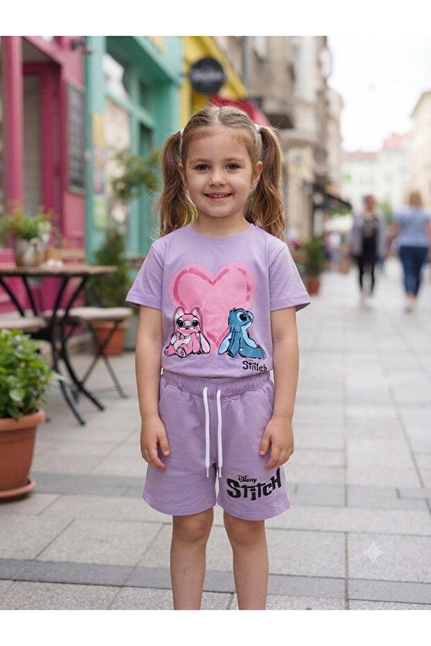 Stitch Printed Heart Pattern Shorts and Top Summer Girls' Set