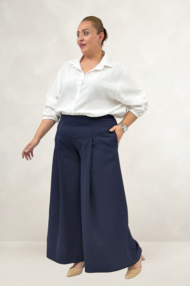 69020 Plus Size Double Skirt Trousers with Elastic Waist - Navy Blue