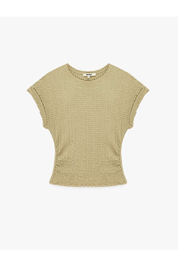 Drawstring Fabric Crew Neck Cap Sleeve T-Shirt