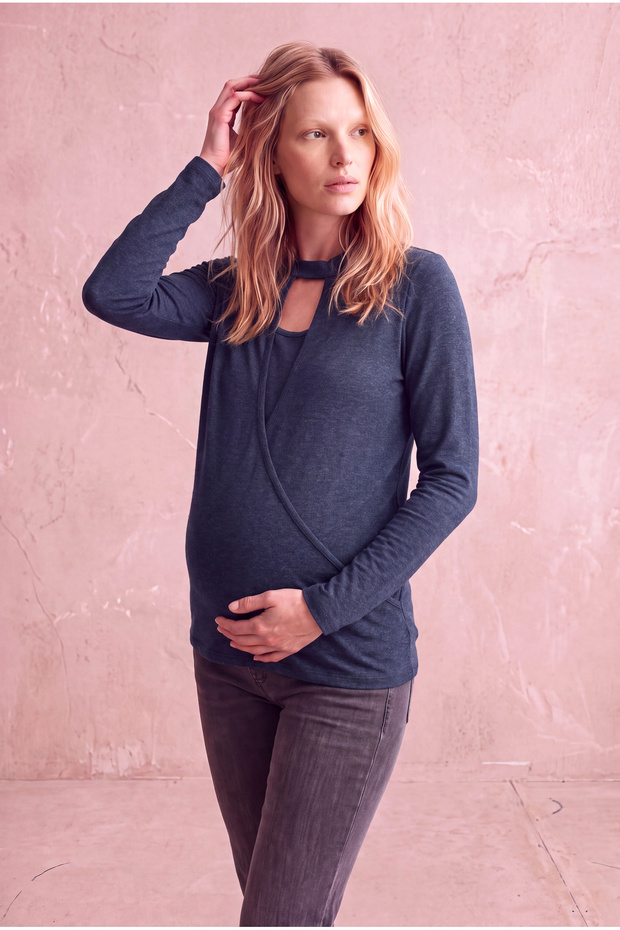 Maternity Viscose Navy Blue Long Sleeve Choker Collar Blouse with Inner Undershirt and Breastfeeding Feature Melanie
