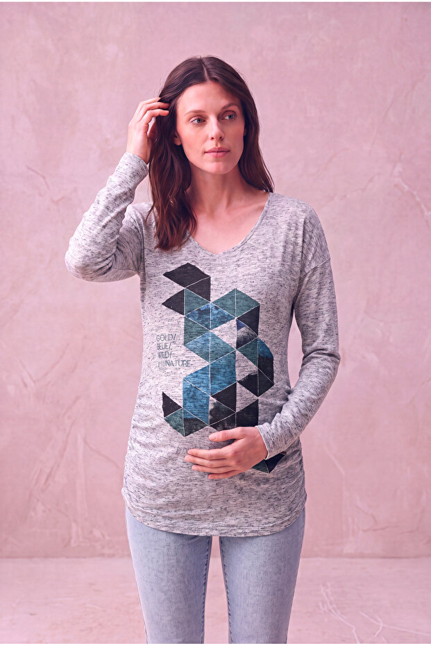 Maternity Viscose Blended Gray Melange Long Sleeve Wide Collar Printed T-Shirt Teagen