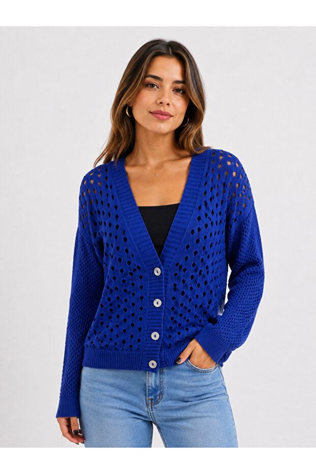 Women's Blue Knitwear Buttoned V-Neck Cardigan