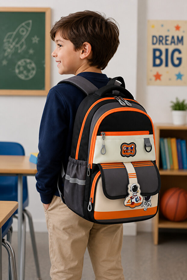 Product Title: Astronaut Patterned Boys' School Bag Set of 3 with Lunch Box and Pen Holder Orange Black