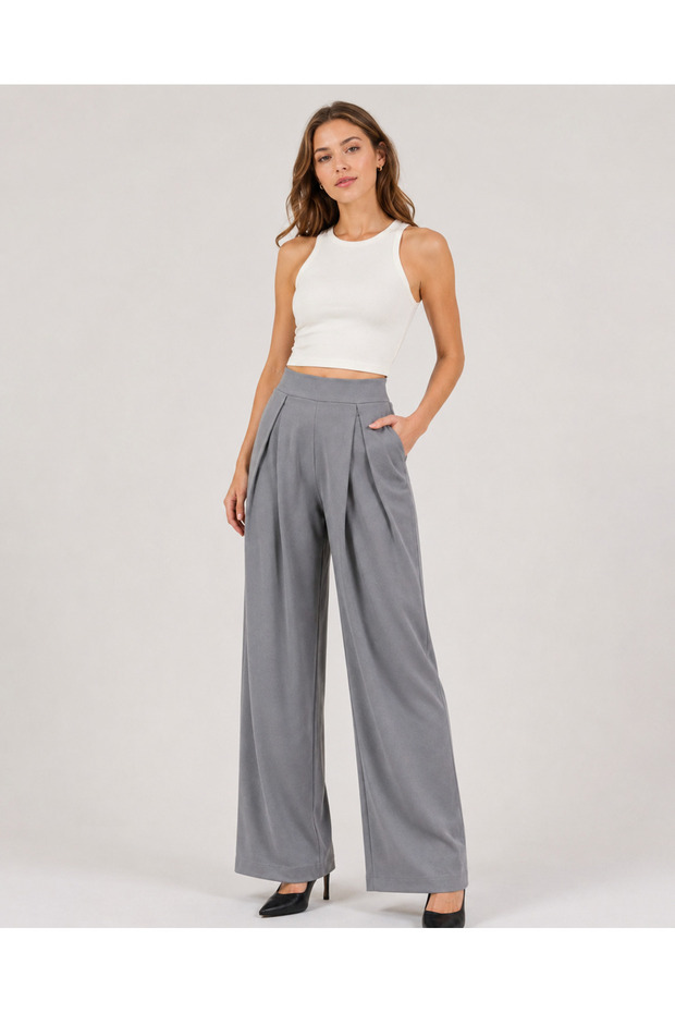 Women's Black High Waist Pleated Pocketed Closed Slit Palazzo Trousers