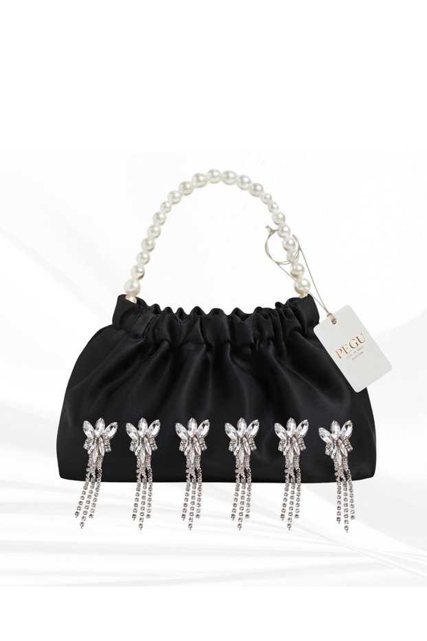 Black Satin Crystal Glass Stone Design, Handmade Pearl Handle Bag, for Evening Dresses, Daily Use, Events, Celebrations..96