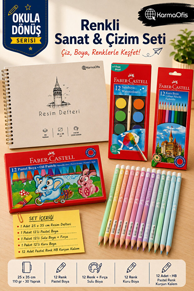 25X35 cm 110 Gr Drawing Notebook 12-Piece Pastel Paint Watercolor Dry Paint and 12-Piece Pastel Hb Pencil Set – 1 Notebook