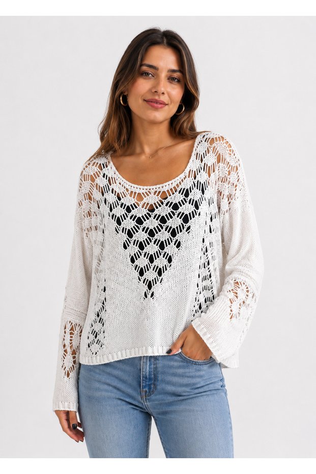 Women's Knitwear White Sweater with Perforated Knit Detail
