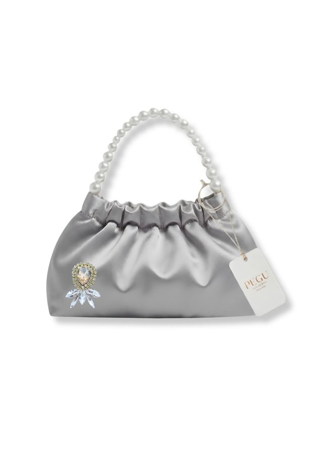 Gray Satin Crystal Glass Stone Design, Handmade Pearl Handle Bag, for Evening Dresses, Daily Use, Events, Celebrations..100