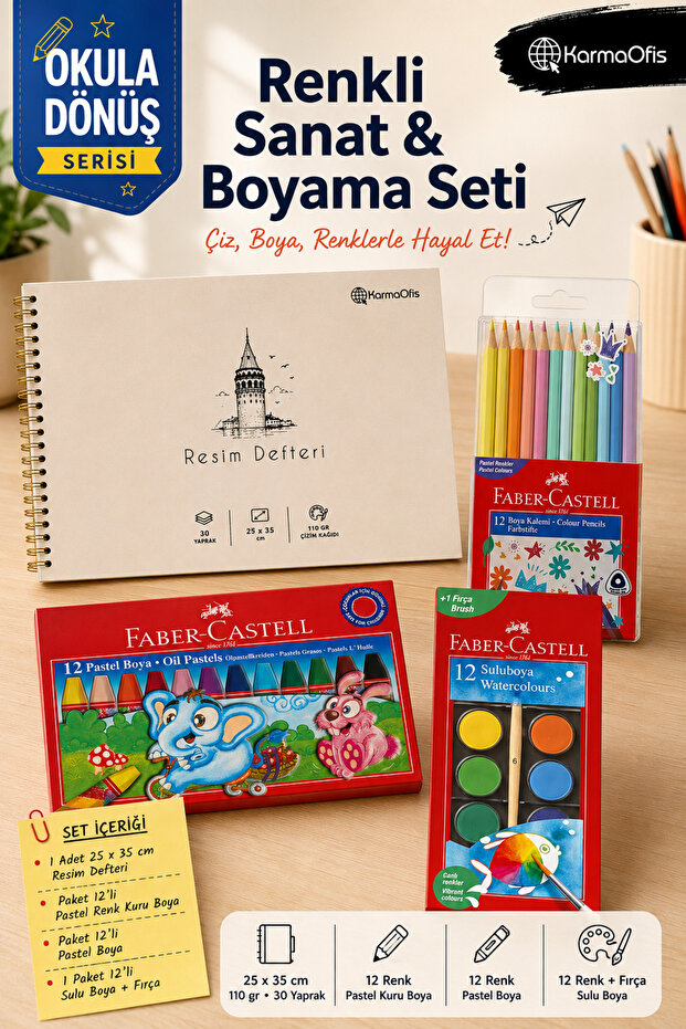 25X35 cm 110 Gr Spiral Drawing Notebook 12-Piece Pastel Dry Paint Set with Pastel Paints and Watercolor Paints – 1 Notebook