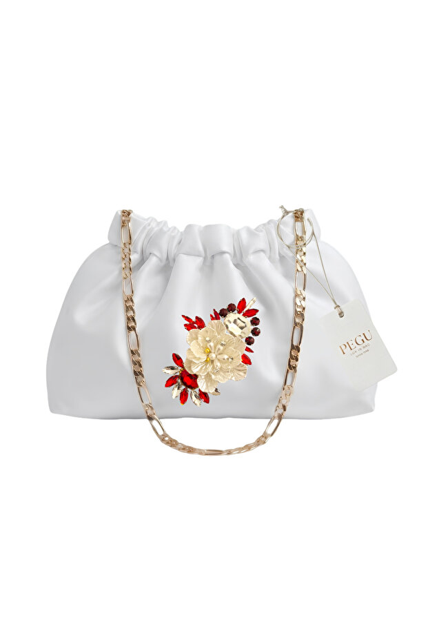 White Satin Royale Series Handmade Custom Design Drawstring Bag with Chain Handle, for Evening Dresses, Weddings, Engagements, Celebrations, Events, Casual Use.. 42