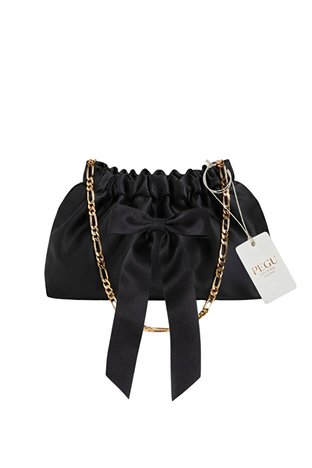 Black Satin Royale Series Handmade Custom Design Drawstring Bag with Chain Handle, for Evening Dresses, Weddings, Engagements, Celebrations, Events, Casual Use.. 50