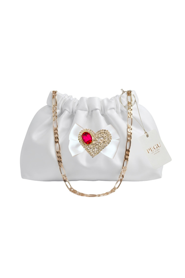 White Satin Royale Series Handmade Custom Design Drawstrap Bag with Chain Handle, for Evening Dress, Wedding, Engagement, Celebration, Event, Daily Use.. 41