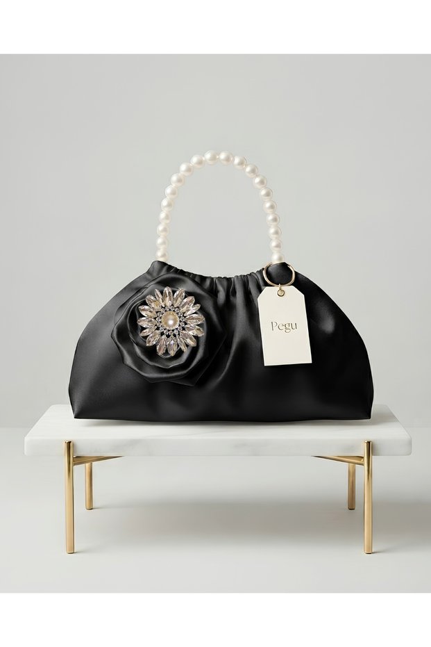 Royale Series Black Satin Pearl Handle Pleated Rose Patterned Handmade Luxury Bag, Wedding, Evening Dress, Engagement, Celebration, Daily Use.
