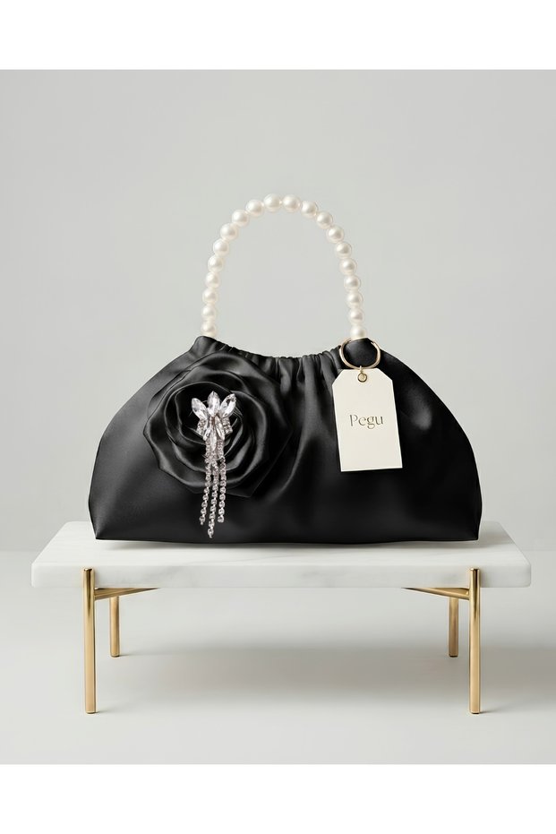 Royale Series Black Satin Pearl Handle Pleated Rose Patterned Handmade Luxury Bag, Wedding, Evening Dress, Engagement, Celebration, Daily Use.