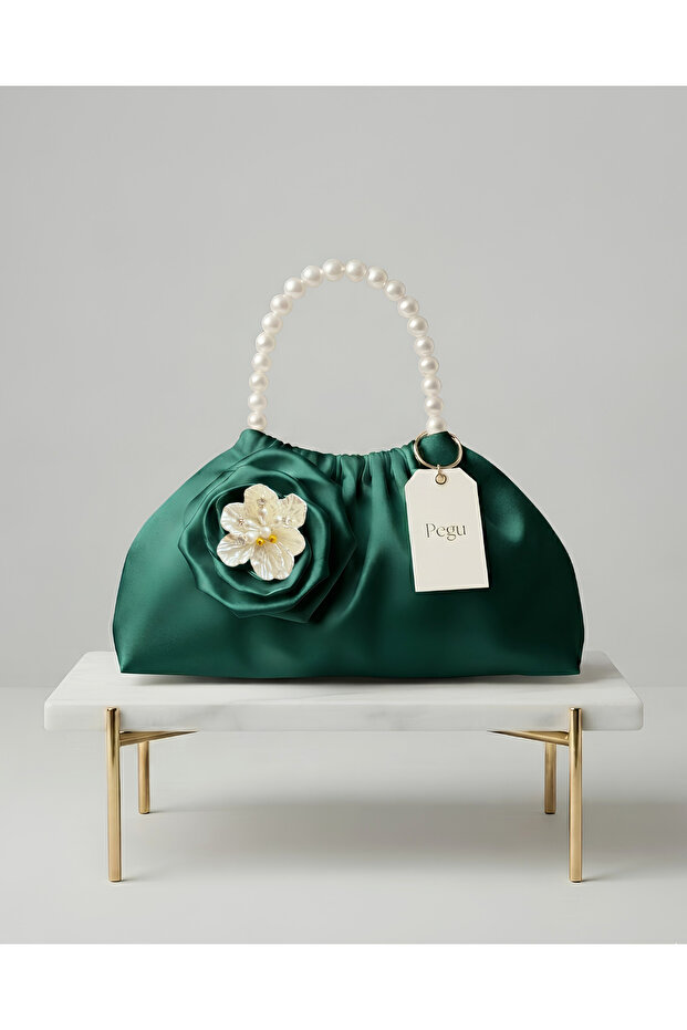 Royale Series Emerald Green Pearl Handle, Ruffled Rose Patterned Handmade Luxury Bag, Wedding, Evening Dress, Engagement, Celebration, Daily Use.