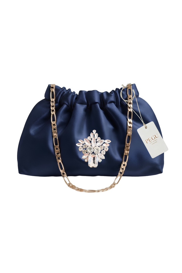Dark Blue Satin Royale Series Handmade Custom Design Drawstrap Bag with Chain Handle, for Evening Dresses, Weddings, Engagements, Celebrations, Events, Casual Use.. 29