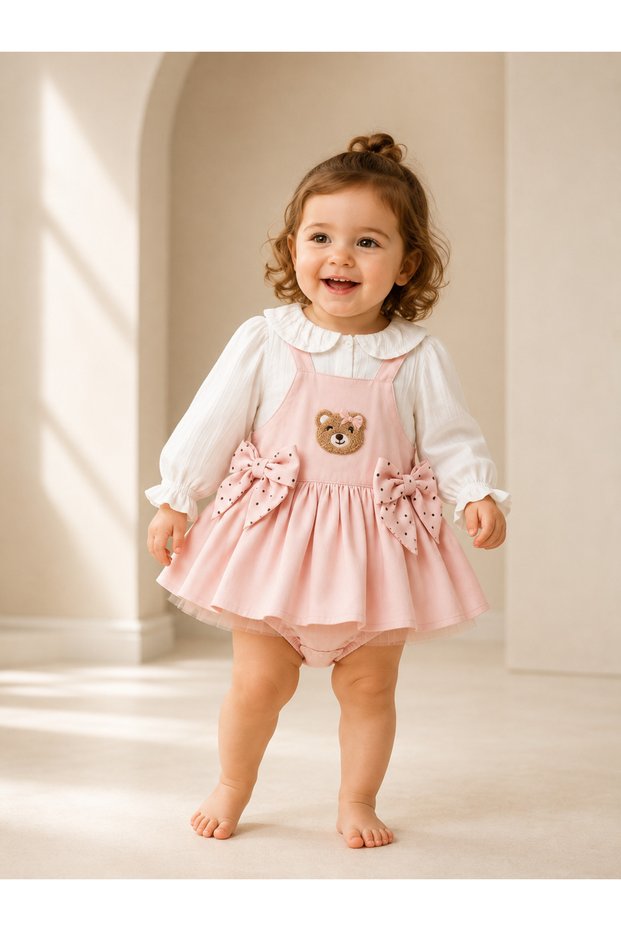 Baby Girl 2-Piece Dress Set | Luxurious Design Stylish Dress with Bow and Teddy Bear Detail