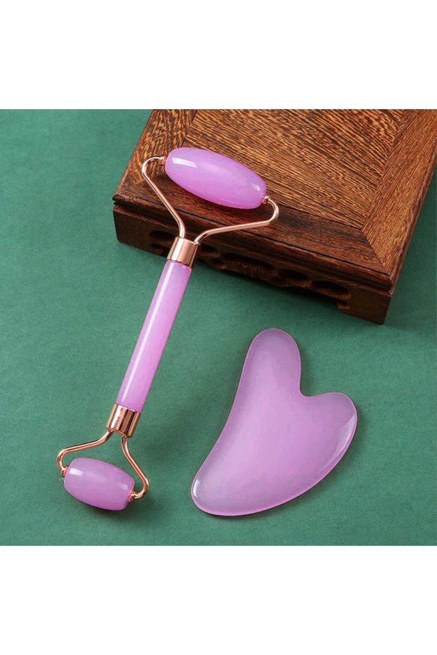 Purple 2pcs 2pcs Facial Roller Scraping Board Set Facial Skincare Massager Kit Heart-shaped Gua Sha