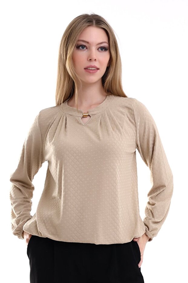 Women's Casual Draped Collar Detailed Mink Stylish Blouse