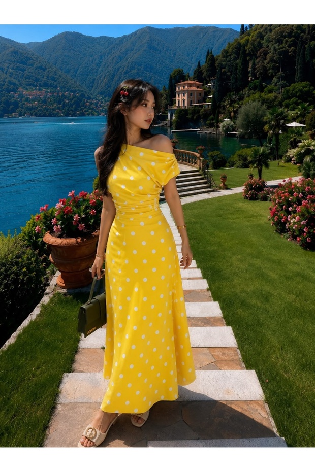 Women's Polka Dot Patterned Boat Neck Draped Dress