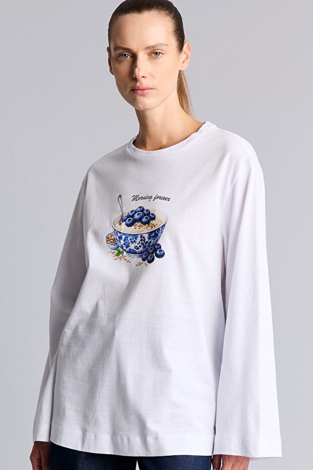 Crew Neck Printed Long Sleeve T-Shirt Tunic I6907Ax26Hs