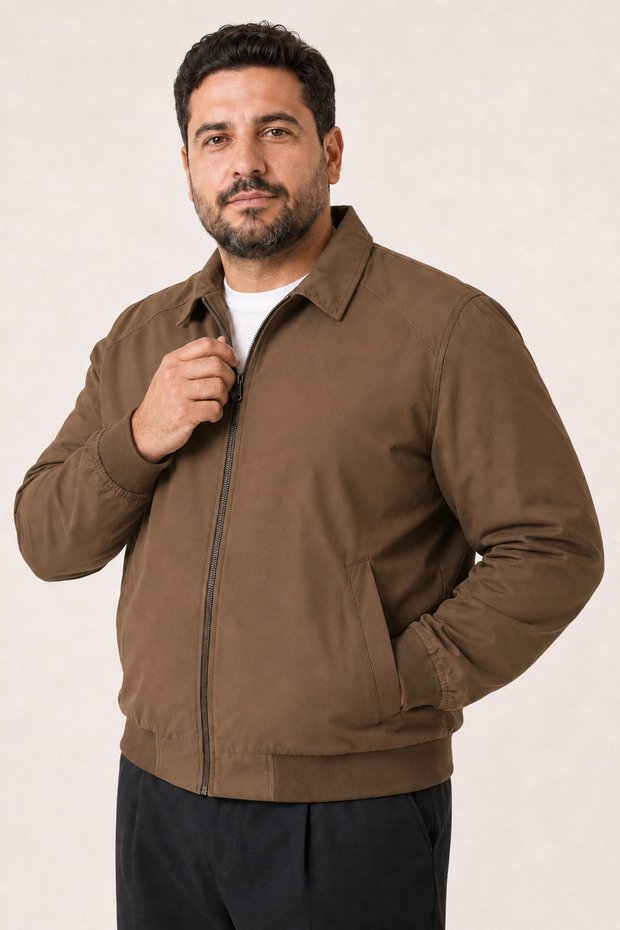 Men's Brown, Large Size, Stand Collar, Zippered, Lined, Seasonal Bomber Jacket