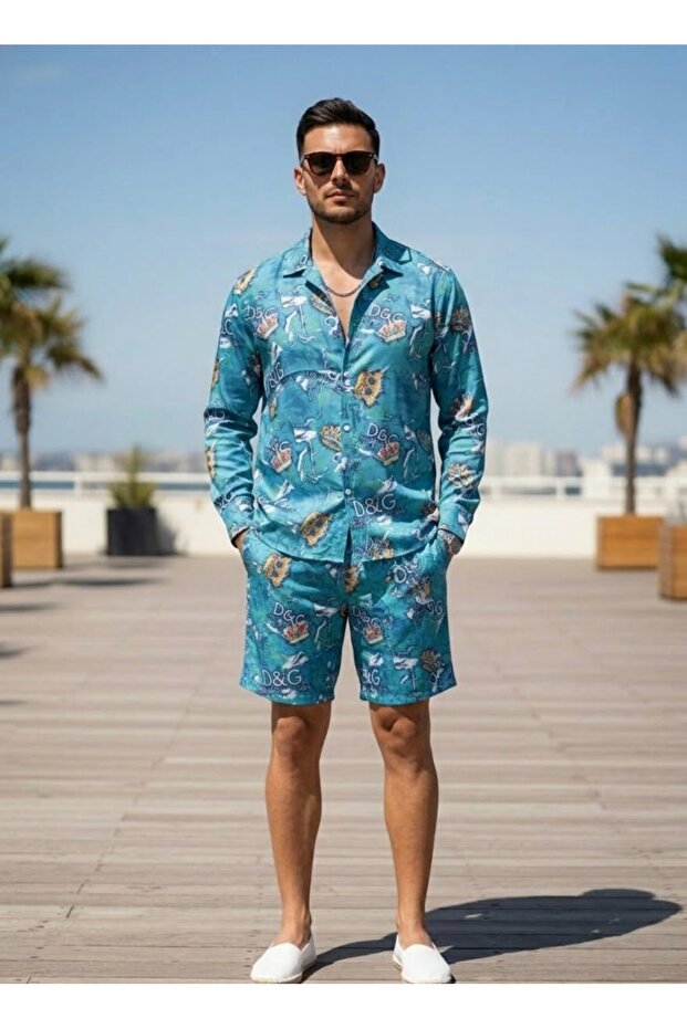 Relaxed Fit Patterned Long Sleeve Lapel Collar Summer Cotton Shirt Shorts Set