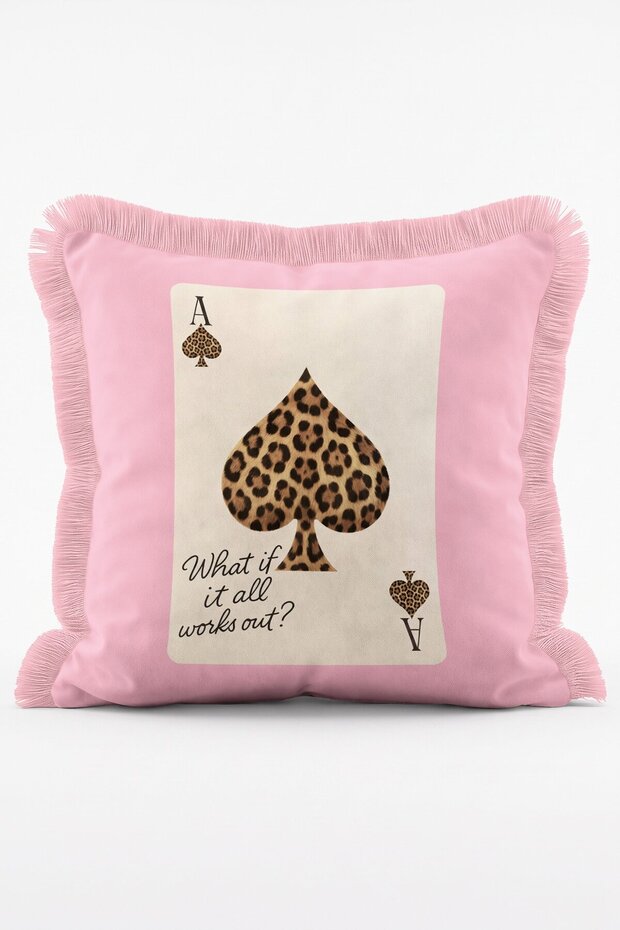 Pink Modern Playing Card Fringed Cushion Cover with Leopard Ace of Spades Design