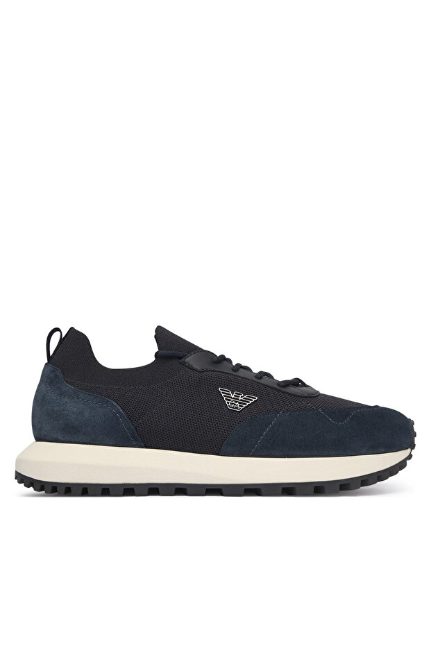 Men's Knitted and Suede Detailed Round Toe Eagle Logo Navy Blue Sneaker