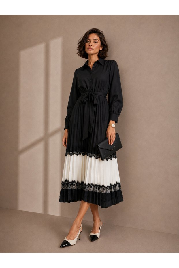 Black Pleated Lace Details Fit and Flare Shirt Midi Dress