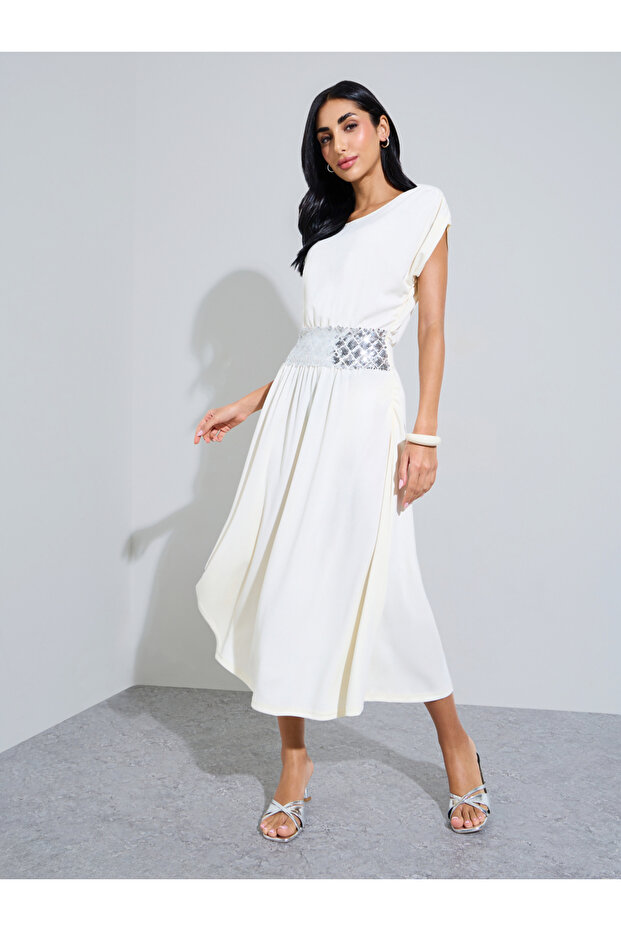Beige Solid Sequin Embellished A-Line Midi Dress