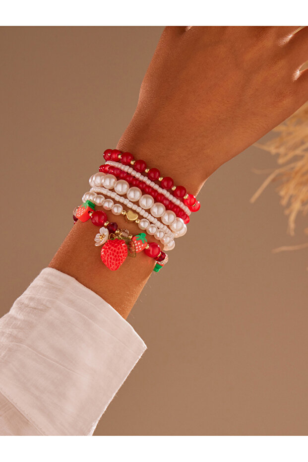 Pack of 7 Red and White Strawberry Charm Beaded Bracelets