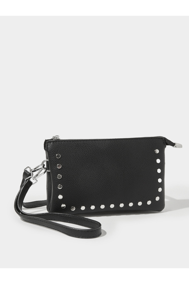 Black Studded Clutch Bag with Wrist Strap