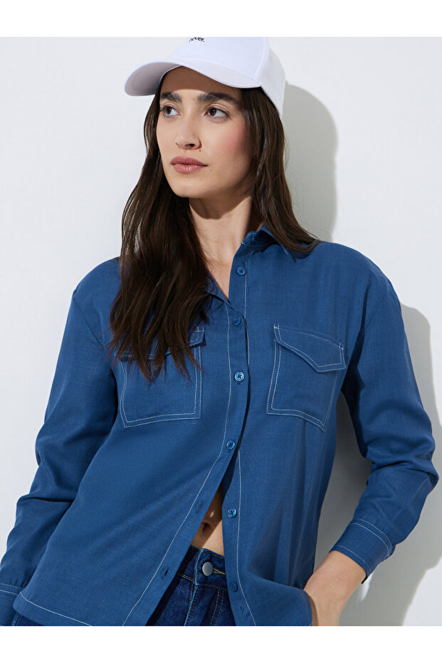 Blue Solid Pocket Details Relaxed Fit Shirt