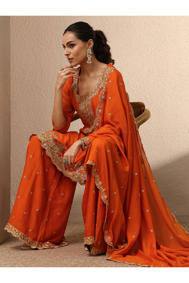 Orange Embroidered Straight Kurta with Palazzo and Dupatta Set