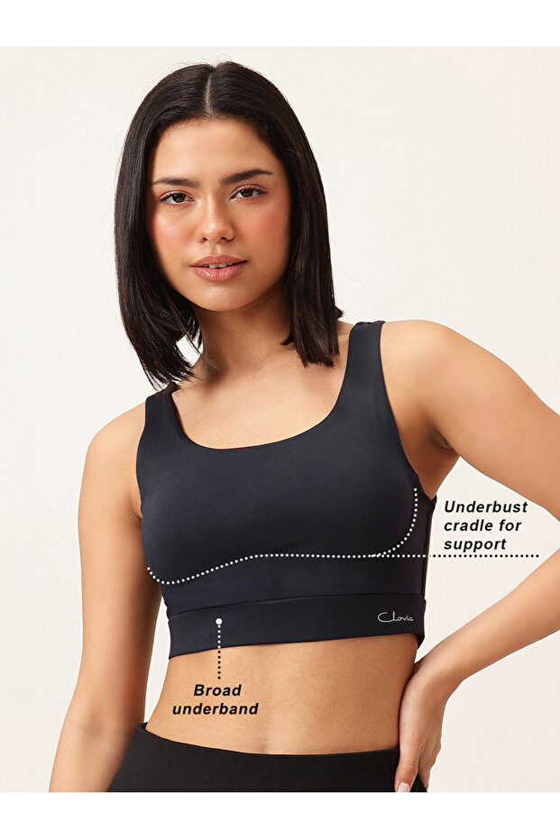 Navy Blue Solid Medium Impact Sports Bra with Removable Cup