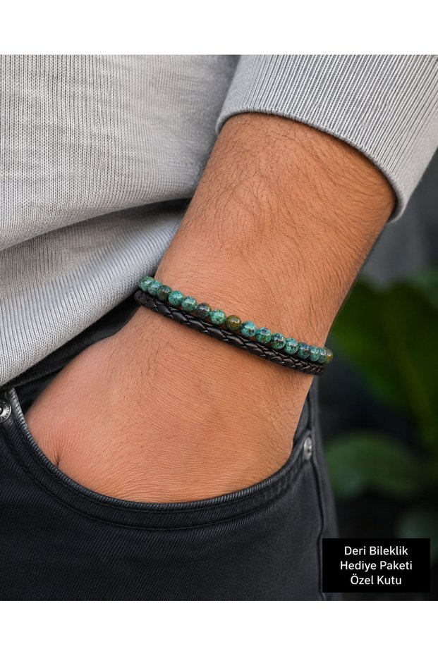 Lunaro Turquoise Stone Double Row Leather Men's Bracelet – Metallic Clasp