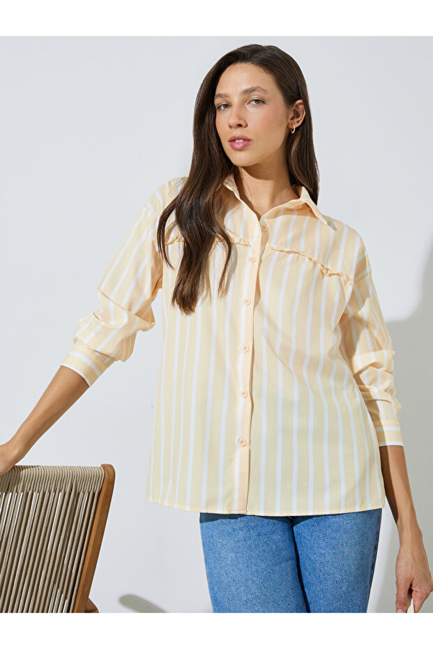 Yellow Striped Ruffle Detail Casual Shirt