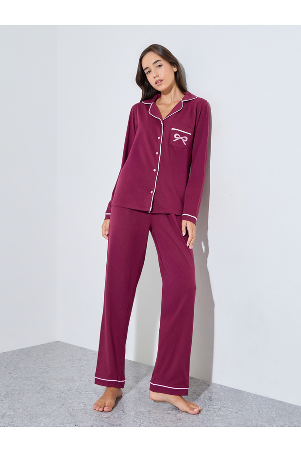 Burgundy Bow Print Piped Shirt and Pyjama Set