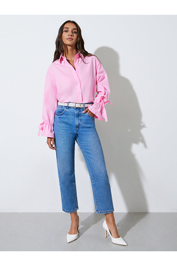 Pink Solid Tie-Up Detail Cuffed Long Sleeves Shirt