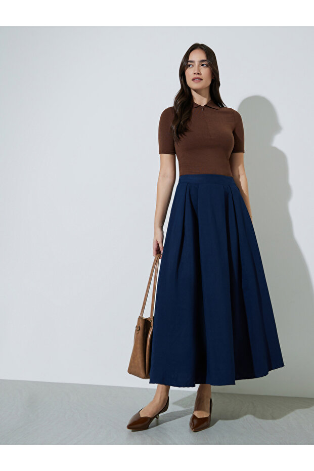 Navy Blue Solid Pleated A-Line Maxt Skirt