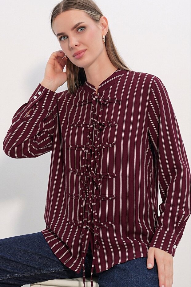 Women's Front Tie Striped Shirt 20404 - Burgundy