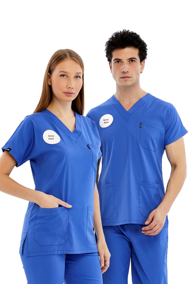 Basic - Cleaning Staff Uniform Lycra Scrubs (Unisex) (Compliant with New Regulations - Dazzling Blue)