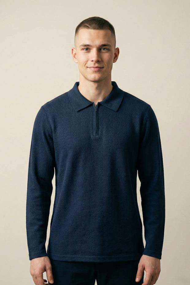 Men's Knitwear Slim Fit Navy Blue Polo Neck T-Shirt