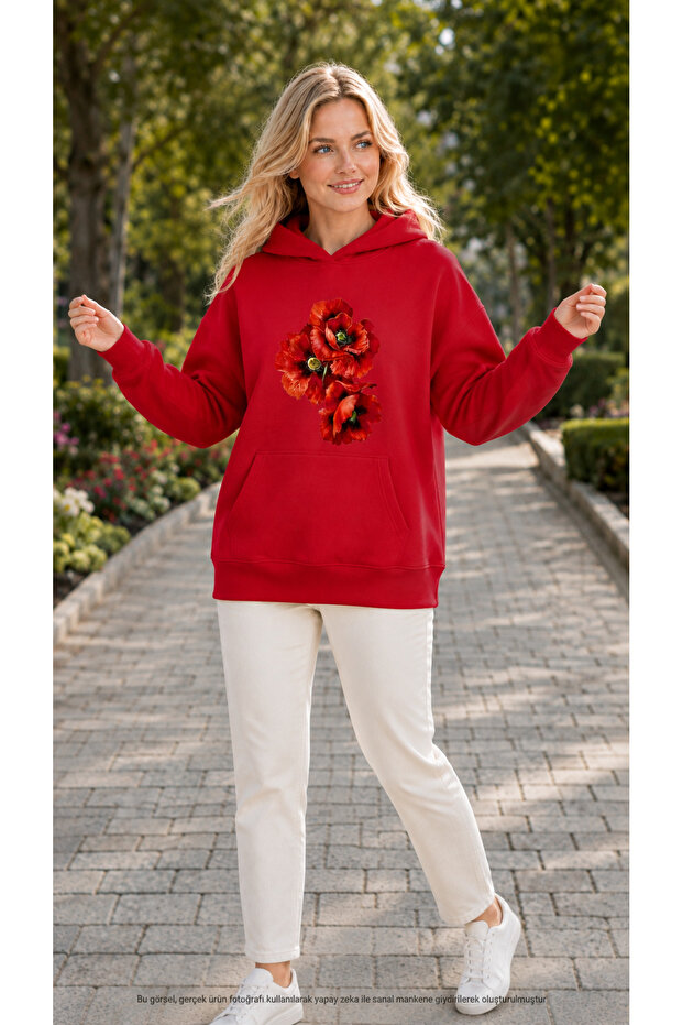 Women's Three Red Poppy Printed Hooded Casual Basic Sweatshirt with Kangaroo Pocket
