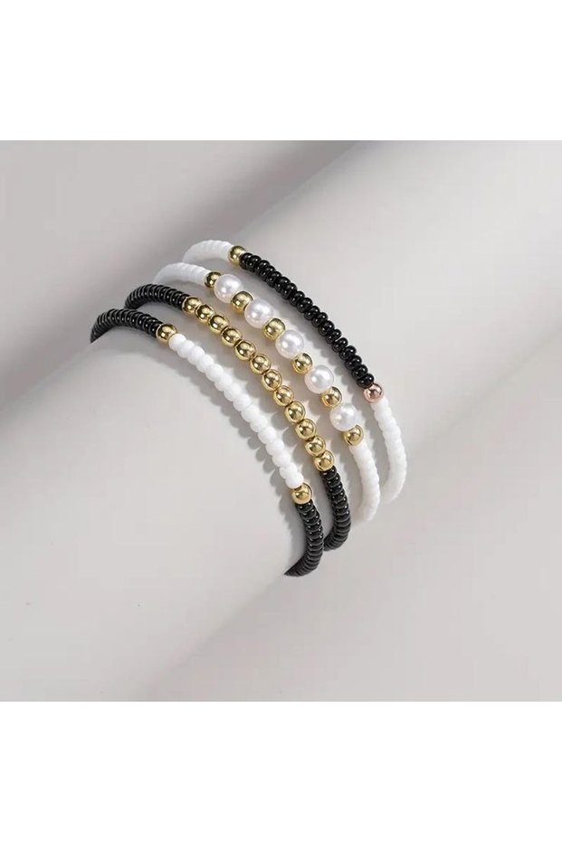 Set of 4 Elegant Pearl Beaded Detailed Women's Bracelets