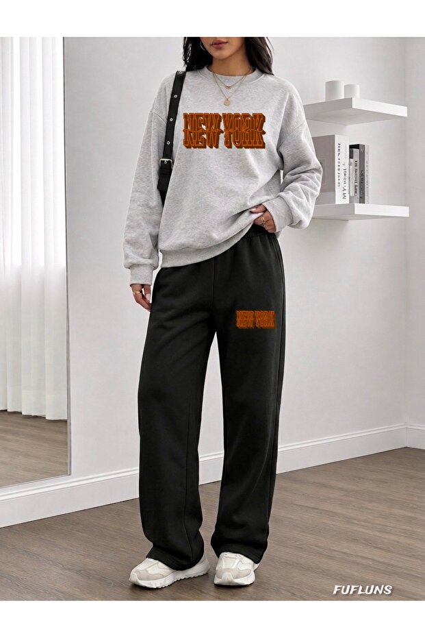 New York Printed Women's Cropped Crewneck Bottom/Top Sweat Suit