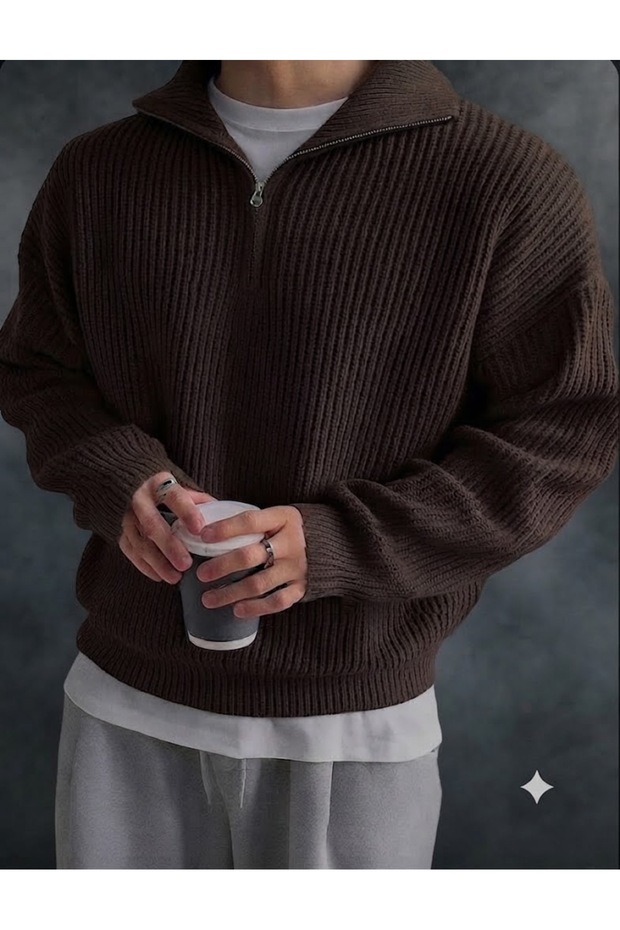 Men's Long Sleeve Owersize Stand Collar Thick Winter 100% Cotton Knitwear Sweater