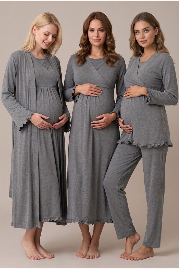 Women's Smoked Double-Breasted Collar Breastfeeding Detailed Long Sleeve Maternity Pajama Nightgown Set