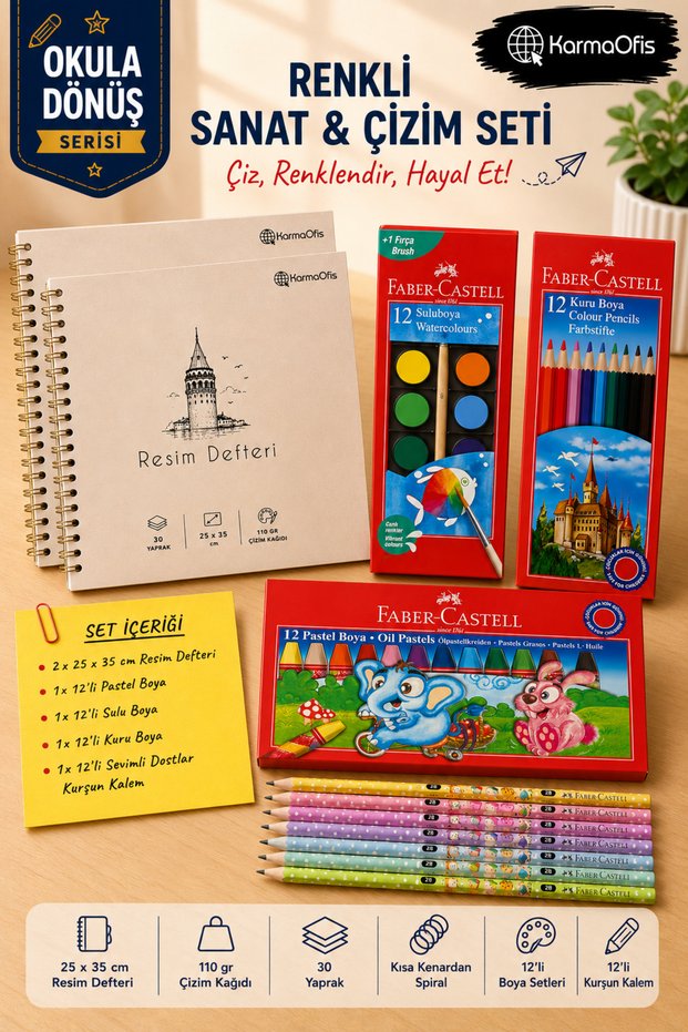 2 Pieces of Drawing Pads and Painting Set 25X35 110 Gr 12-Pack of Pastel Watercolor Dry Paints and 12-Pack of Pencils